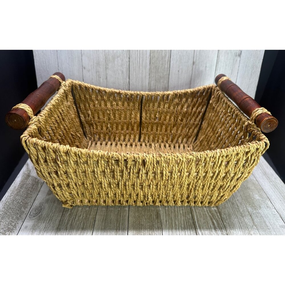 Vintage Woven Wicker Rattan Basket Tray Rectangle Wooden Handle Boho 11"x9"